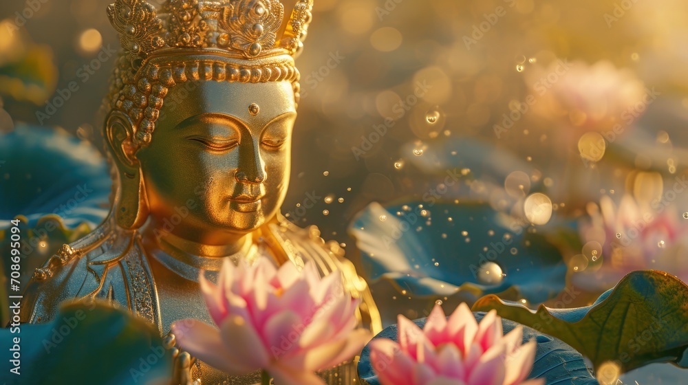 Poster A statue of a person surrounded by a beautiful array of flowers. Perfect for adding a touch of elegance and nature to any project
