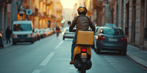 A person riding a motor scooter on a busy city street. This image can be used to illustrate urban...