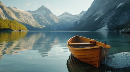 A small boat peacefully sits on top of a calm body of water. Perfect for any water-themed projects