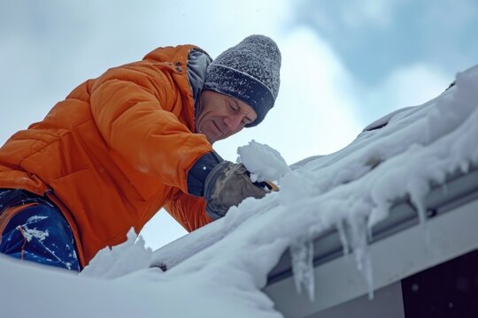 A man is seen working on a roof covered in snow. This image can be used to depict winter maintenance, snow removal, or construction work during snowy conditions