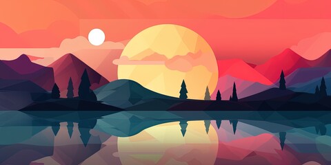 Fototapeta na wymiar Sunset Nature Minimalist Abstraction of A Simple, Flat Design Background featuring Art, Sky, Landscape, Water Abstraction.
