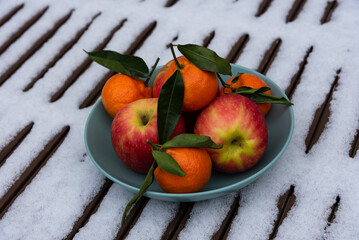 Organic tangerine and apple fruits in bowl on snow covered table in garden. Healthy eating lifestyle background. Energy shot before winter sport activities. Natural Vitamin C snack booster against flu