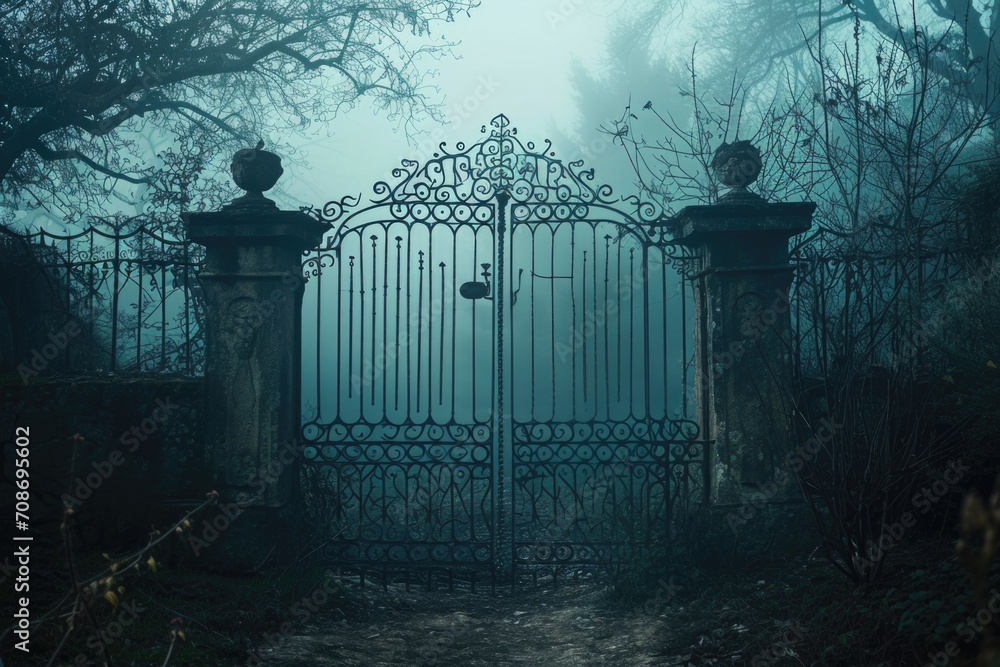 Aufkleber a gate standing in the middle of a foggy forest. this image can be used to depict mystery and enchan