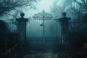 A gate standing in the middle of a foggy forest. This image can be used to depict mystery and enchantment