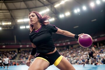 an athlete in an indoor stadium in a victorious and dynamic moment during adrenaline rush with pride