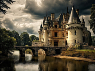 Fototapeta na wymiar An enchanting ancient castle with majestic turrets and a serene moat captured during twilight.