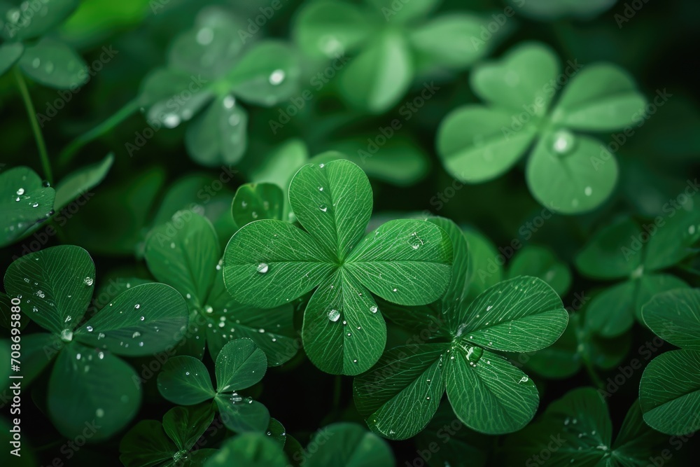 Poster four leaf clovers with water droplets. perfect for st. patrick's day designs or any project that nee