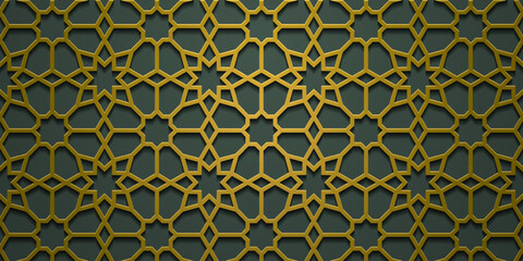 Islamic Background Vector - Abstract Geometric Pattern Ornament Background For Moslem Ramadan Kareem, Eid Mubarak and Another Moslem Celebration Day Gold Green Color Banner Template Backdrop
