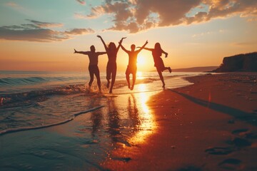 A group of people captured mid-air as they jump on a beautiful beach. This image can be used to depict joy, freedom, and adventure. Ideal for travel, summer, and lifestyle themes