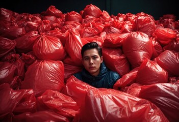 Un homme au milieu d'un gros tas de sacs poubelles rouge - generative AI
