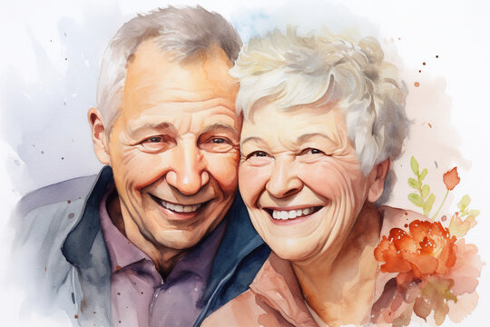 Portrait of happy senior couple in watercolor style, Generative AI