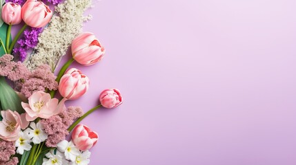 Obraz na płótnie Canvas Pretty spring flowers on pastel background with copy space for your design. Springtime holidays and spring background concept
