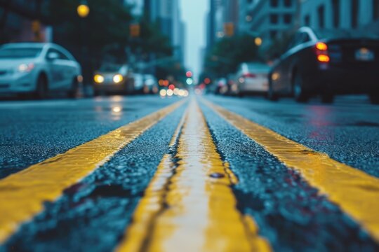 A City Street With A Yellow Line In The Middle. Suitable For Urban-themed Designs And Transportation-related Concepts