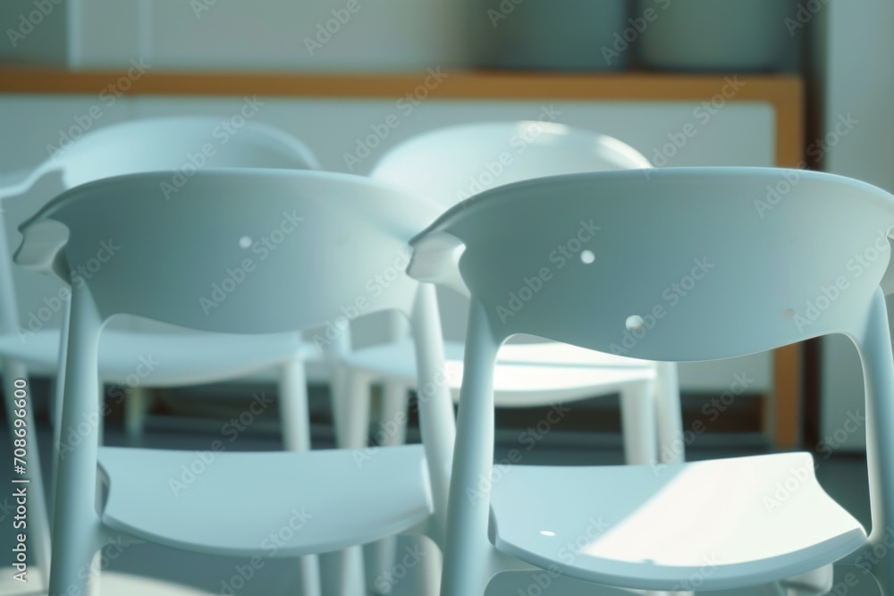 Poster A group of white chairs arranged in a neat row. Perfect for adding a minimalist touch to any setting