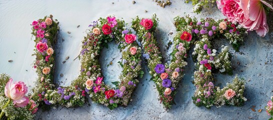 Vibrant Floral LOVE Lettering on a Serene Riverbed for Celebratory Events and Romantic Gestures