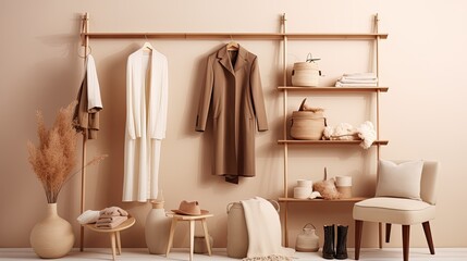 a muted color palette that highlights the spring wardrobe theme. Soft, white, brown and natural tones create a harmonious concept.