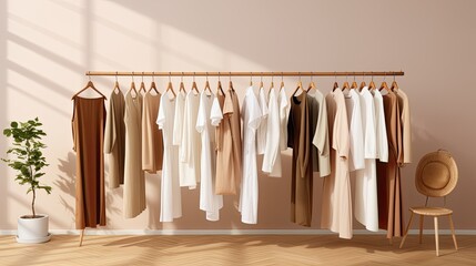 a muted color palette that highlights the spring wardrobe theme. Soft, white, brown and natural tones create a harmonious concept.