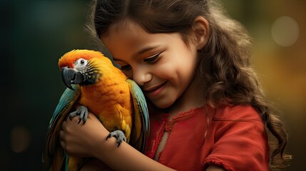 natural interaction between a little girl and a parrot.