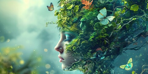 Fantasy portrait of a beautiful young woman with green hair and butterflies in her hair
