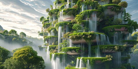Panorama of a beautiful garden with a waterfall in the foreground. The concept of an eco-friendly lifestyle