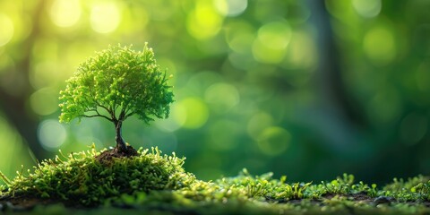 Small tree growing on green moss with sunlight. Ecology and environment concept - Powered by Adobe