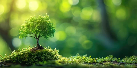 Gardinen Small tree growing on green moss with sunlight. Ecology and environment concept © Petrova-Apostolova
