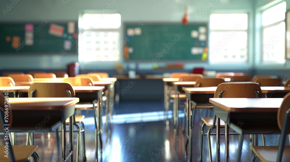 Poster a picture of a classroom with desks, chairs, and a chalkboard. this image can be used for educationa