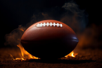  Dramatic close up of an American football ball surrounded by smoke
