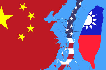 map of mainland China and Taiwan island, United States flag crack in the Taiwan Strait. concept of conflict, disputes, partnerships between countries, sea trade routes © RomanWhale studio