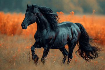 A powerful black horse with flowing mane stands majestically against a vibrant orange ground, exuding strength and beauty.AI generated.