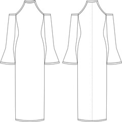 round neck crew neck off shoulder flared long sleeve midi long maxi h line bodycon dress template technical drawing flat sketch cad mockup fashion woman design style model - obrazy, fototapety, plakaty
