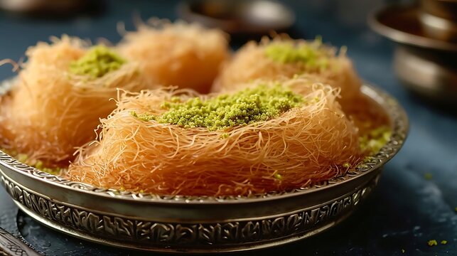 An image featuring Kunafa, a popular Middle Eastern dessert made with thin noodle-like pastry soaked in sweet syrup.