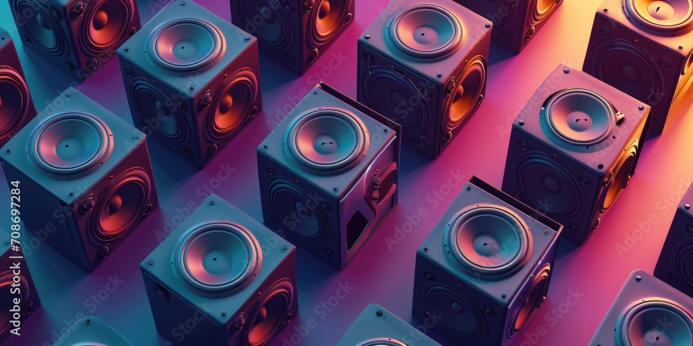 Poster a bunch of speakers sitting on top of a table. perfect for music events and audio technology concept