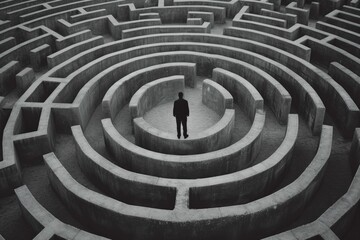 A man stands in front of a circular maze. This image can be used to represent challenges, problem-solving, decision-making, and finding your way through life's obstacles