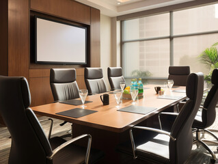A professional boardroom with a long table, chairs, and technology equipment for an important meeting.