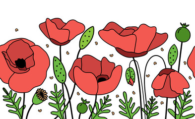Poppy flowers, seamless pattern