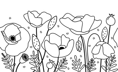 Poppy flowers in black and white, seamless pattern