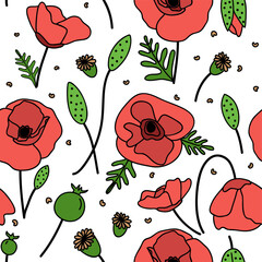 Poppy flowers, seamless pattern