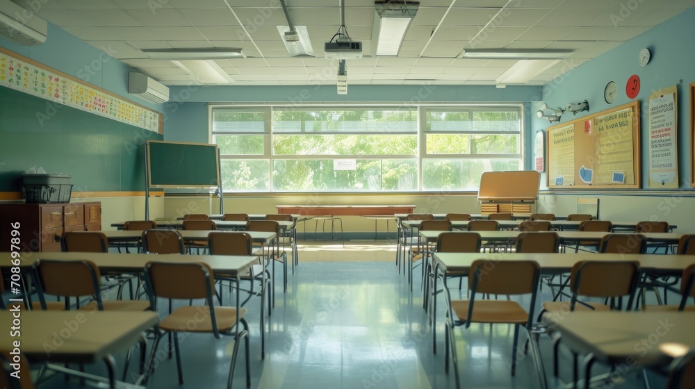 Poster An empty classroom with desks and chairs. Suitable for educational and school-related concepts
