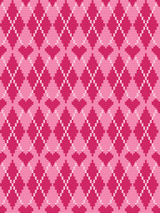 Argyle print with hearts. Seamless knitted pattern with rhombuses. Checkered background in pink and white colors. Valentine's Day background. Vector illustration