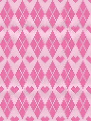 Argyle print with hearts. Seamless knitted pattern with rhombuses. Checkered background in pink and white colors. Valentine's Day background. Vector illustration