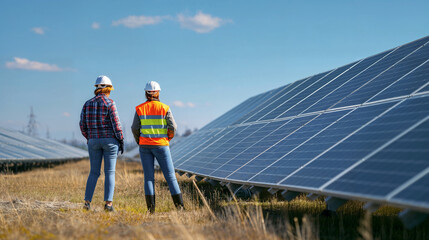 Two construction workers inspecting a damaged solar panels. Woman working Solar Energy Across the Modern World, Transformative Sustainable Solutions. Technology and Exemplary Sustainable Practices.
