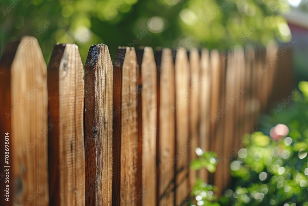 Aufkleber A detailed view of a wooden fence in a garden. Perfect for adding a rustic touch to any project