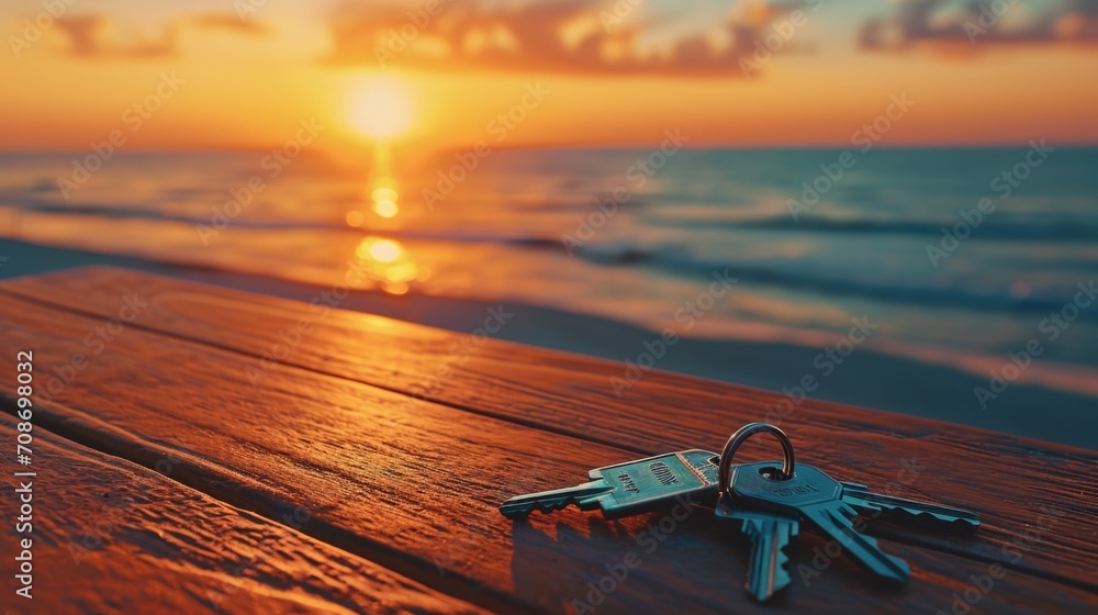 Poster A collection of keys placed on a sturdy wooden table. Ideal for concepts related to security, home, and access control