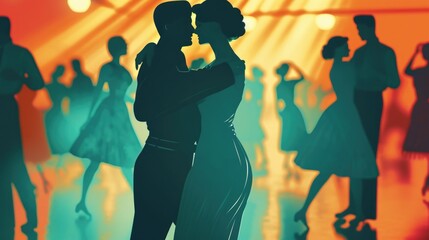 Silhouettes of people dancing in a dance hall. Perfect for capturing the energy and excitement of a lively dance event. Ideal for use in event promotions or dance-related articles