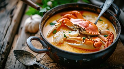 A delicious bowl of soup with a crab floating in it. Perfect for seafood lovers. Can be used to showcase culinary delights or as an appetizing image in a recipe book or food blog - obrazy, fototapety, plakaty