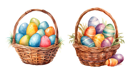 Easter eggs in wicker basket, watercolor clipart illustration with isolated background.