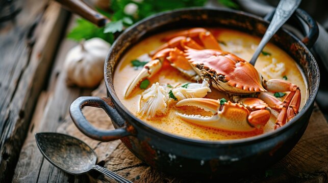 A delicious bowl of soup with a crab floating in it. Perfect for seafood lovers. Can be used to showcase culinary delights or as an appetizing image in a recipe book or food blog