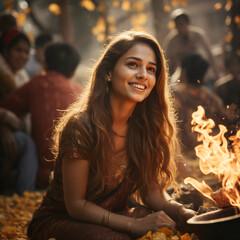 Fototapeta premium Portrayal of a woman enjoying outdoor festivities from the Front. Generative AI