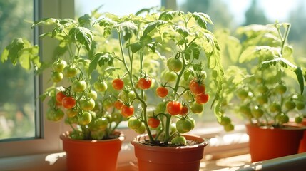 Fototapeta na wymiar Homegrown cherry tomatoes on a sunny balcony, urban gardening